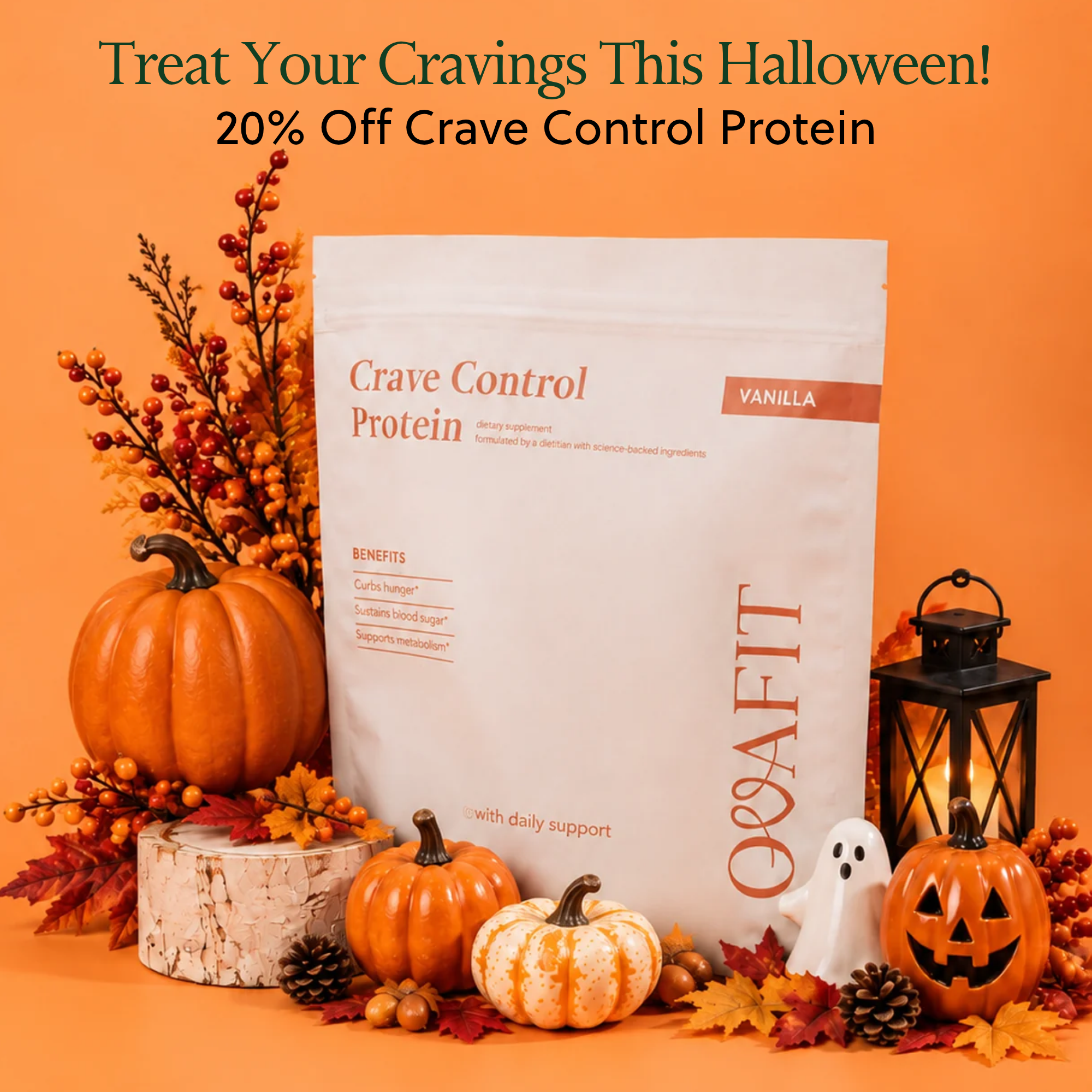 halloween decoration around a protein powder bag